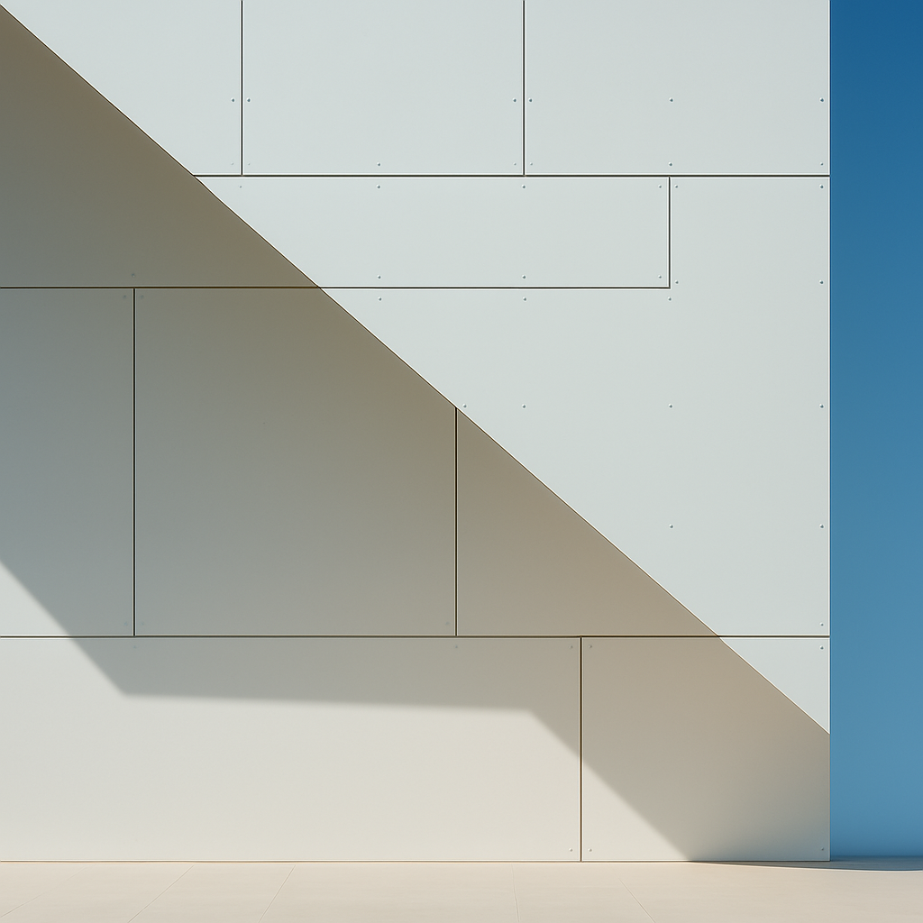 Façade minimaliste en panneaux composite ciment blancs avec jeux d'ombres géométriques et ciel bleu