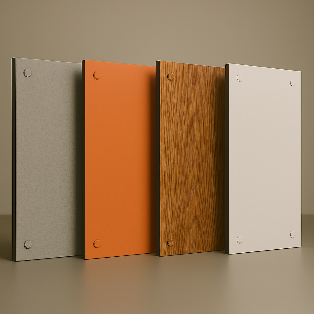 Échantillons de panneaux CHROMATIQUE en différentes finitions : gris, orange, imitation bois et blanc